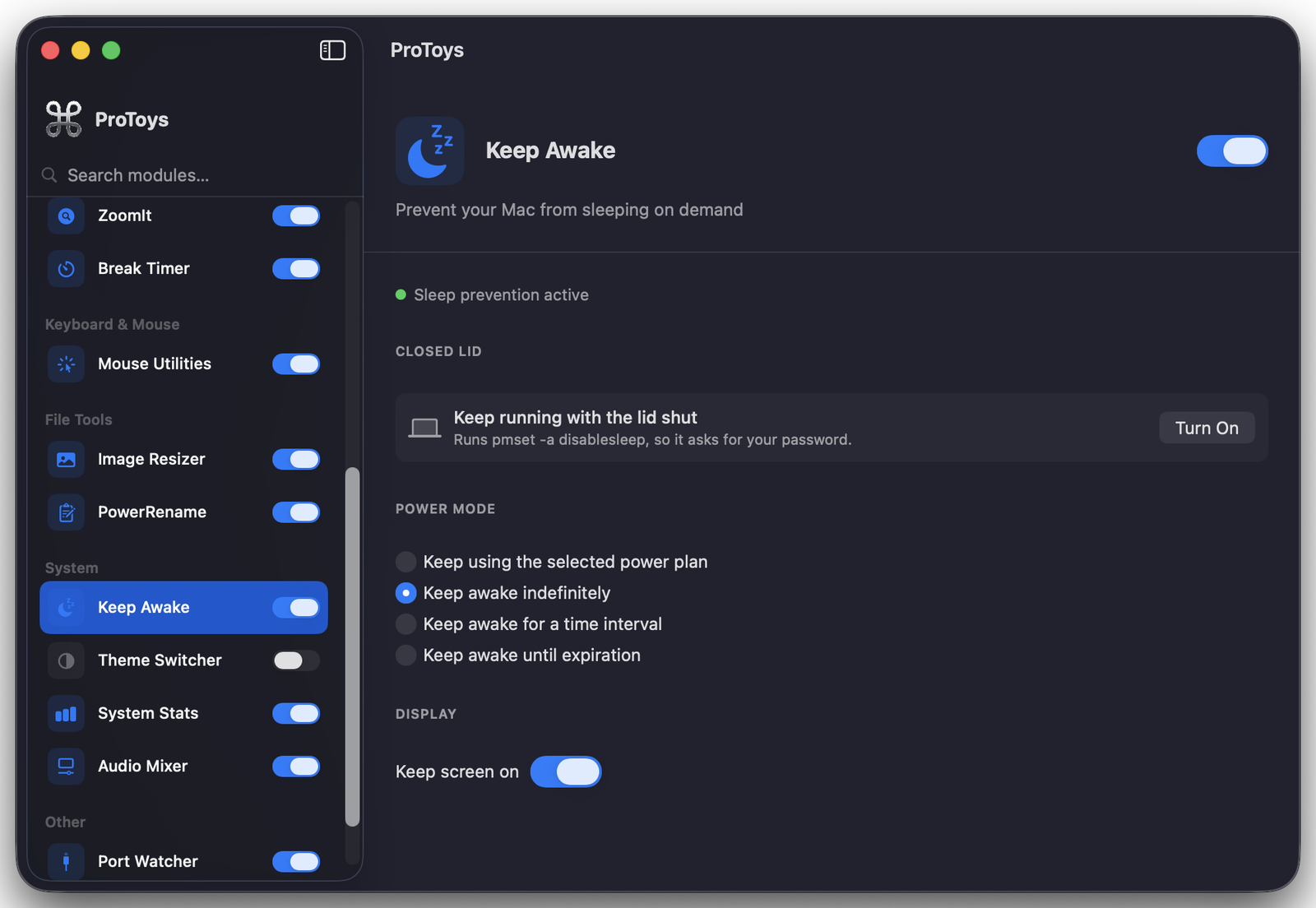 Keep Awake settings in ProToys